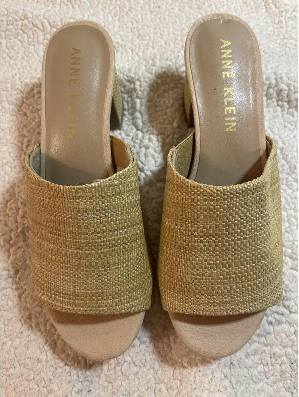 Anne Klein Beige Woven Block Heel Sandals